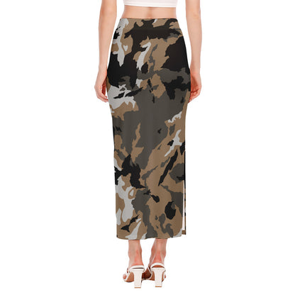 Brown And Black Camouflage Print Side Slit Maxi Skirt