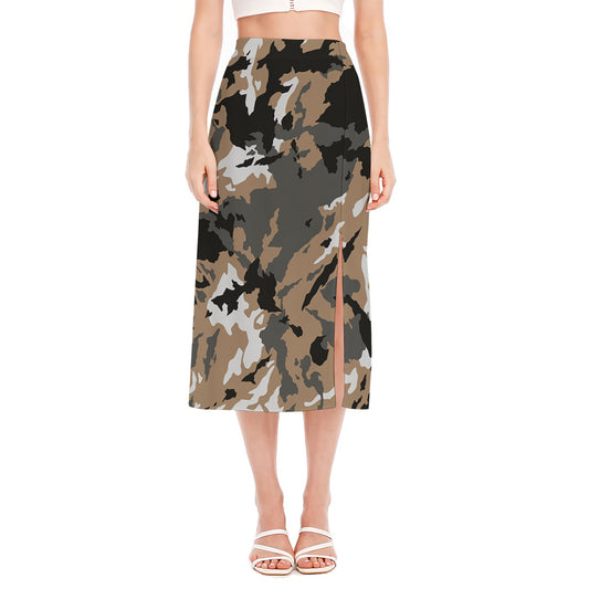 Brown And Black Camouflage Print Side Slit Midi Skirt
