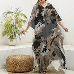 Brown And Black Camouflage Print Silk V-Neck Kaftan Dress