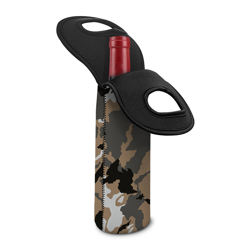 Brown And Black Camouflage Print Single Neoprene Wine Tote