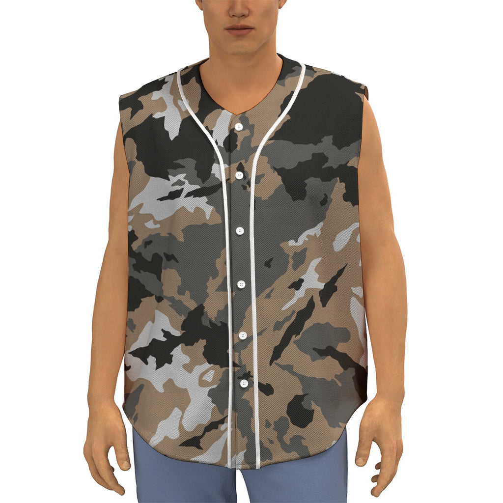 Brown And Black Camouflage Print Sleeveless Baseball Jersey