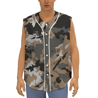 Brown And Black Camouflage Print Sleeveless Baseball Jersey
