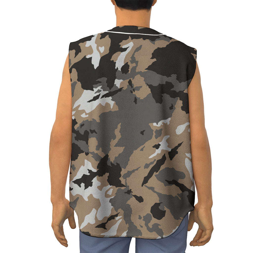 Brown And Black Camouflage Print Sleeveless Baseball Jersey