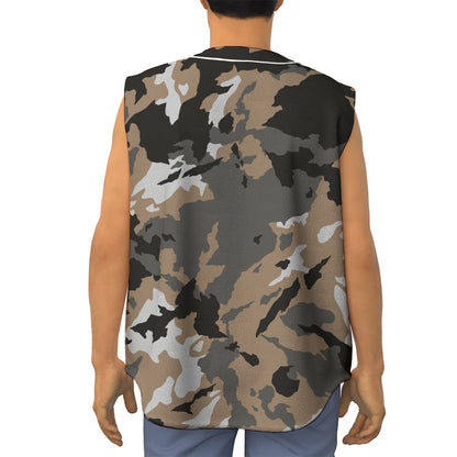Brown And Black Camouflage Print Sleeveless Baseball Jersey