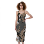 Brown And Black Camouflage Print Slim Fit Midi Cami Dress