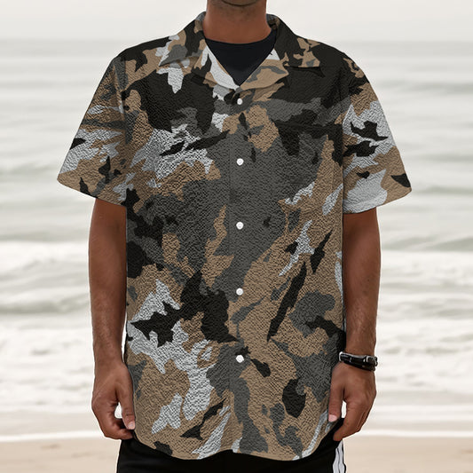 Brown And Black Camouflage Print Textured Short Sleeve Shirt