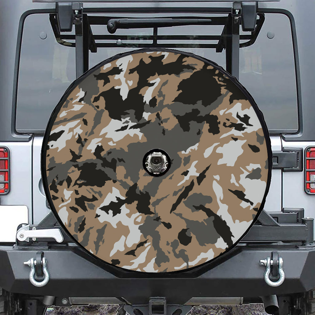 Brown And Black Camouflage Print Tire Cover With Camera Hole