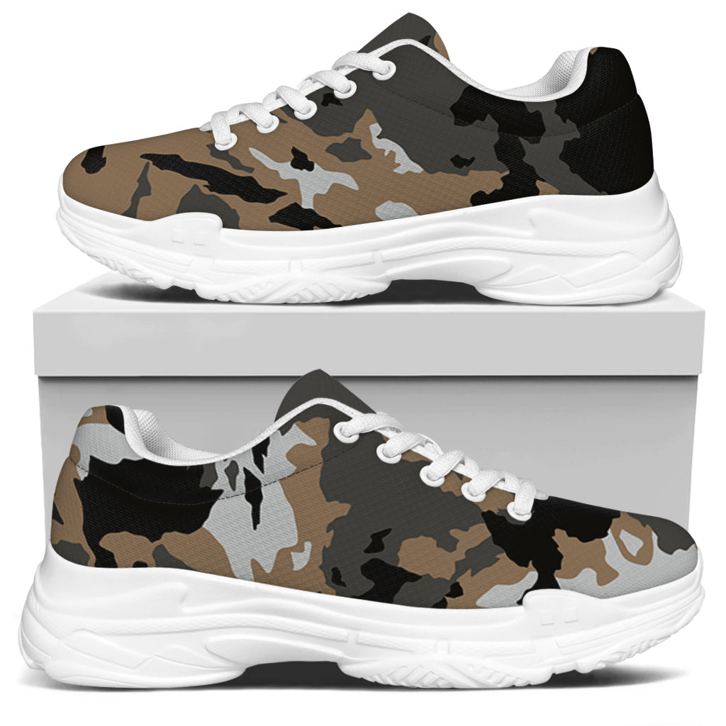 Brown And Black Camouflage Print White Chunky Shoes