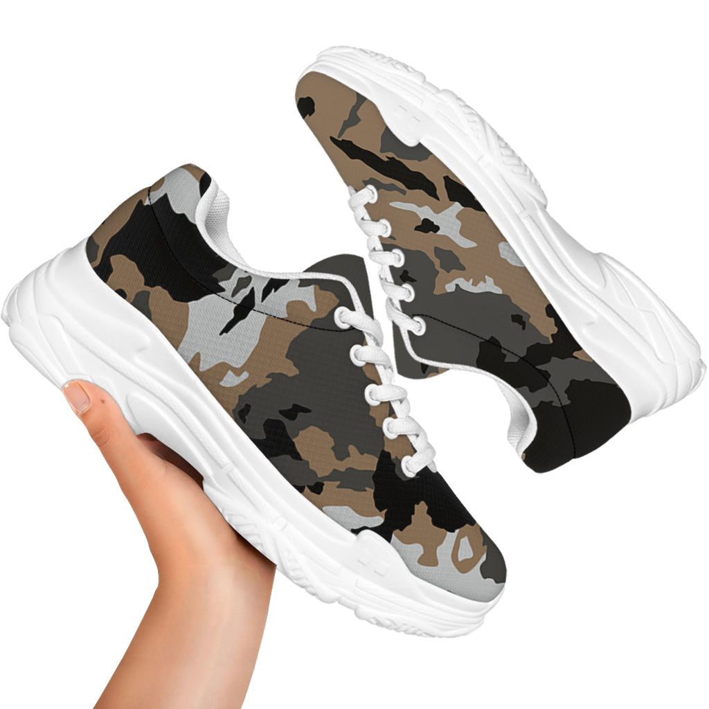 Brown And Black Camouflage Print White Chunky Shoes
