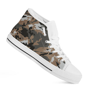 Brown And Black Camouflage Print White High Top Sneakers
