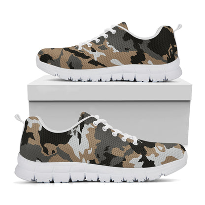Brown And Black Camouflage Print White Running Shoes
