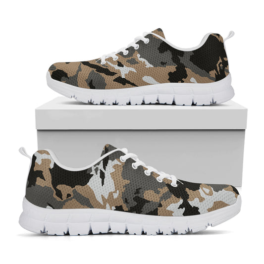 Brown And Black Camouflage Print White Running Shoes