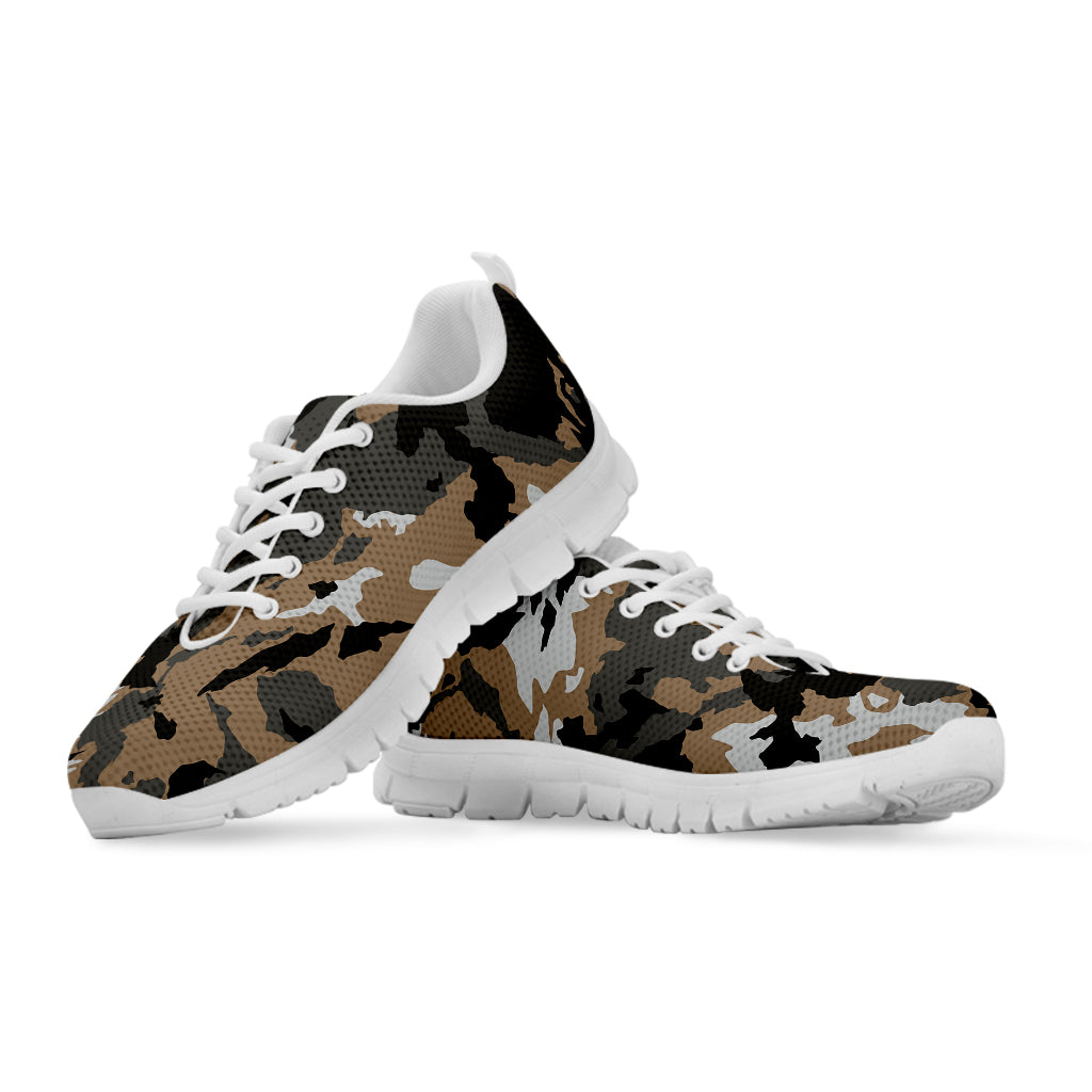 Brown And Black Camouflage Print White Running Shoes
