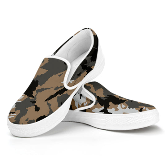 Brown And Black Camouflage Print White Slip On Sneakers