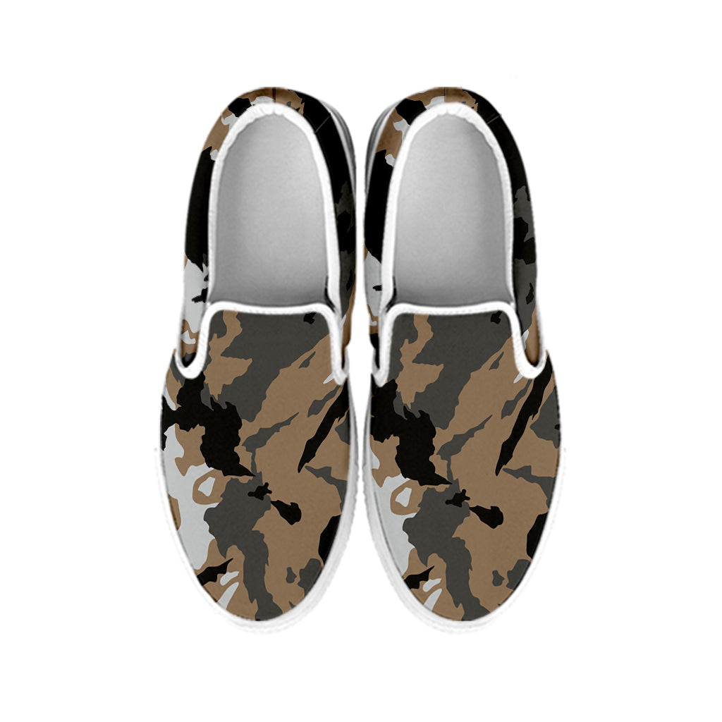 Brown And Black Camouflage Print White Slip On Sneakers