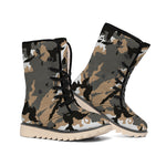 Brown And Black Camouflage Print Winter Boots