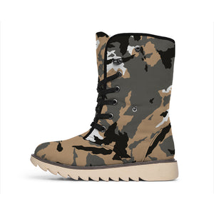 Brown And Black Camouflage Print Winter Boots