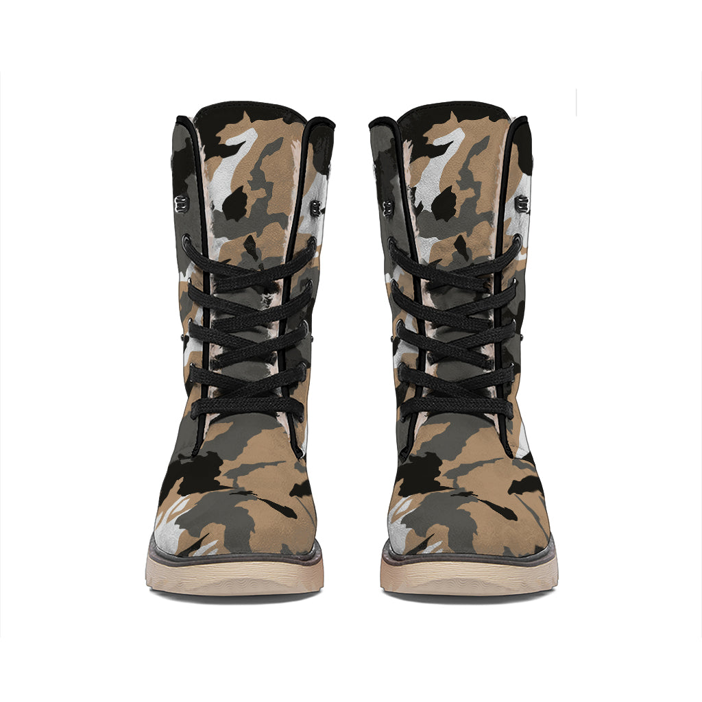 Brown And Black Camouflage Print Winter Boots