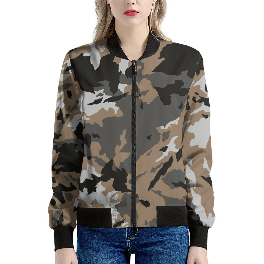 Brown And Black Camouflage Print Women's Bomber Jacket