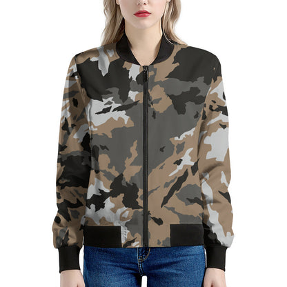 Brown And Black Camouflage Print Women's Bomber Jacket
