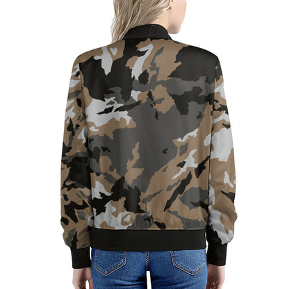 Brown And Black Camouflage Print Women's Bomber Jacket