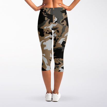 Brown And Black Camouflage Print Women's Capri Leggings