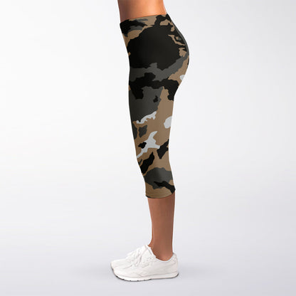 Brown And Black Camouflage Print Women's Capri Leggings