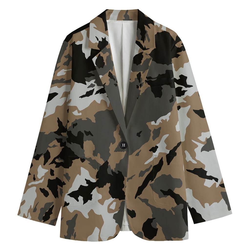 Brown And Black Camouflage Print Women's Cotton Blazer