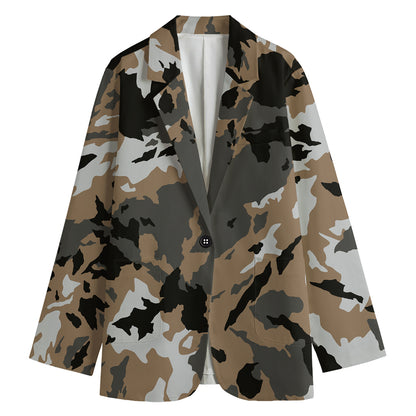 Brown And Black Camouflage Print Women's Cotton Blazer