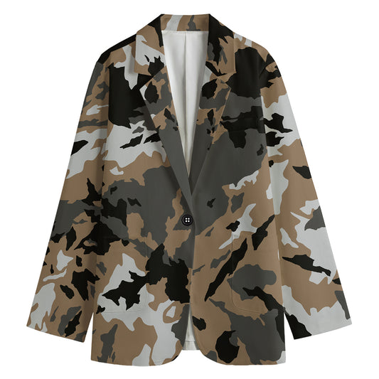 Brown And Black Camouflage Print Women's Cotton Blazer