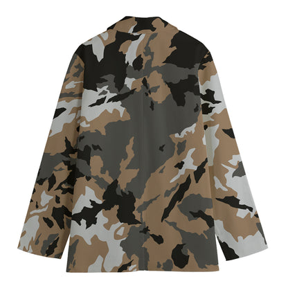 Brown And Black Camouflage Print Women's Cotton Blazer