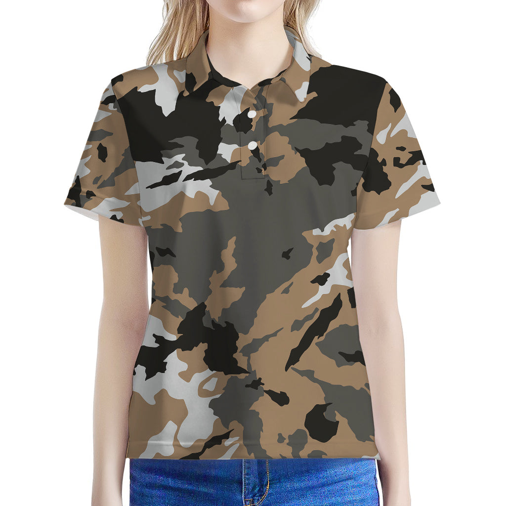 Brown And Black Camouflage Print Women's Polo Shirt