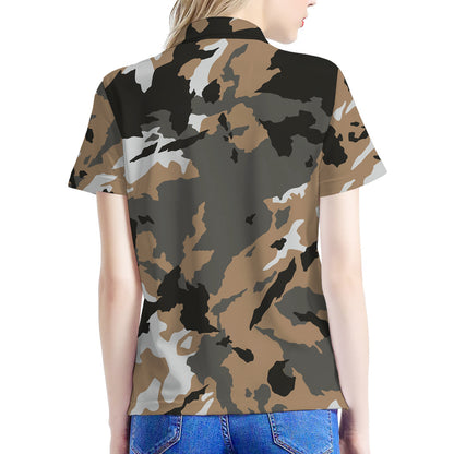 Brown And Black Camouflage Print Women's Polo Shirt