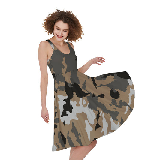 Brown And Black Camouflage Print Women's Sleeveless Dress