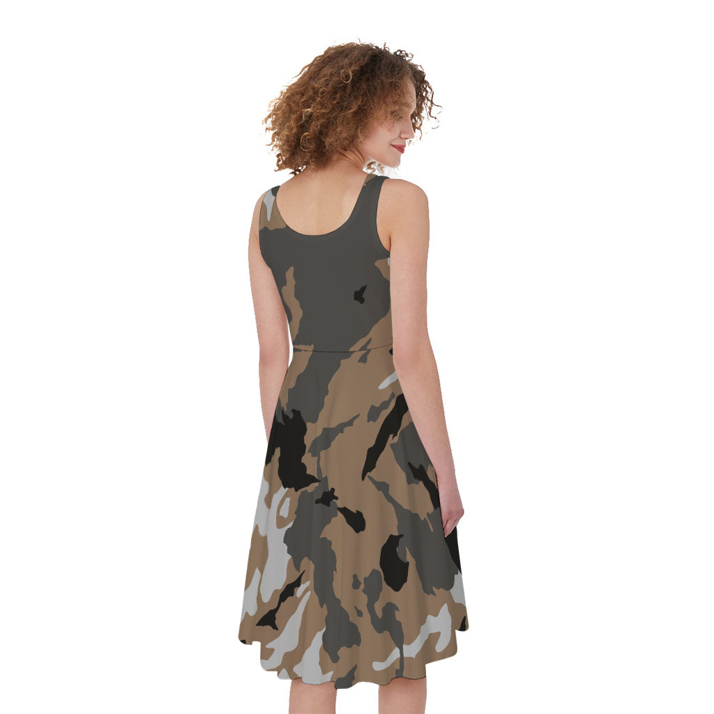 Brown And Black Camouflage Print Women's Sleeveless Dress