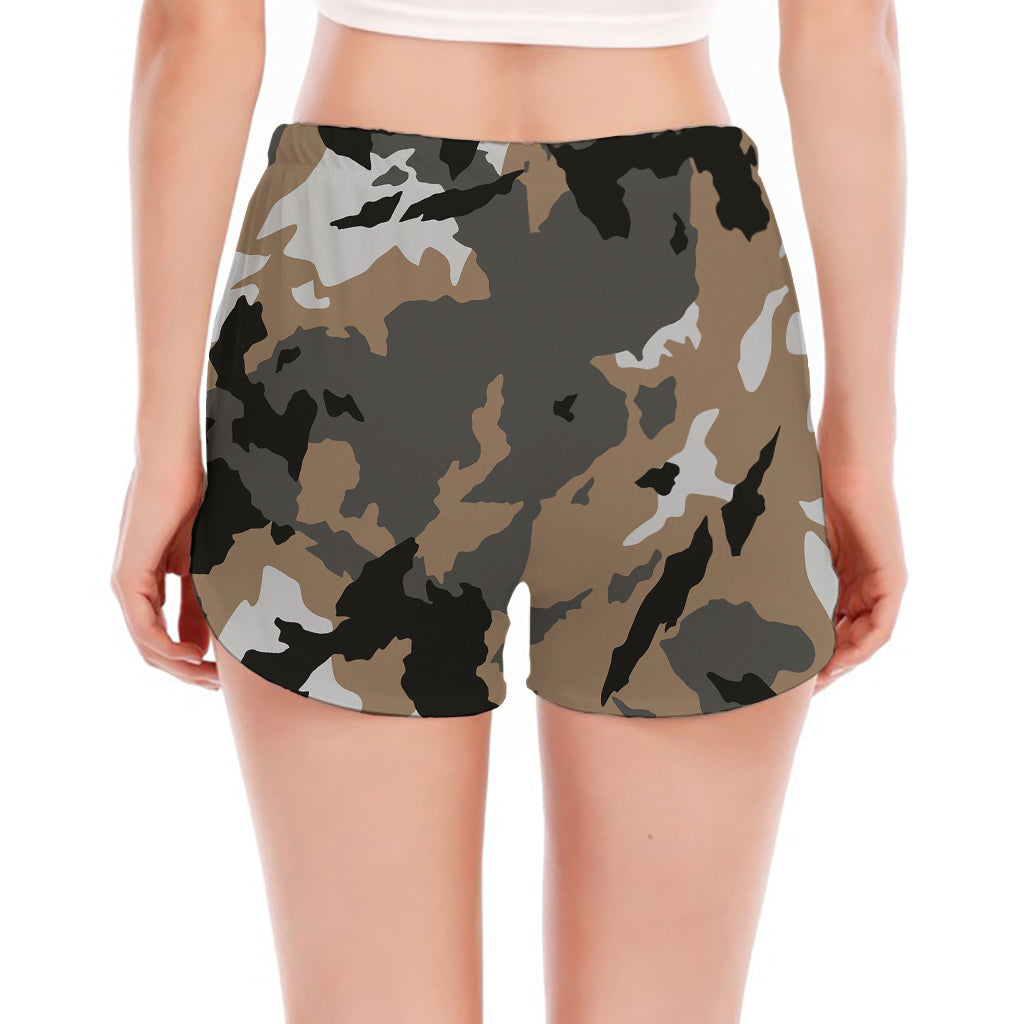Brown And Black Camouflage Print Women's Split Running Shorts