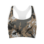 Brown And Black Camouflage Print Women's Sports Bra