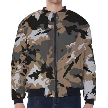 Brown And Black Camouflage Print Zip Sleeve Bomber Jacket