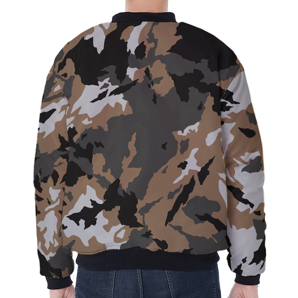 Brown And Black Camouflage Print Zip Sleeve Bomber Jacket