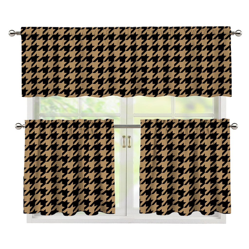 Brown And Black Houndstooth Print 3 Piece Kitchen Curtains