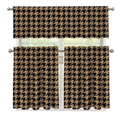 Brown And Black Houndstooth Print 3 Piece Kitchen Curtains
