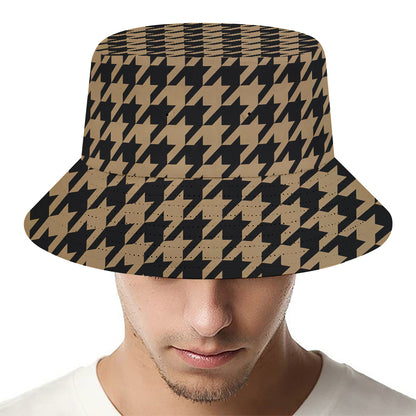 Brown And Black Houndstooth Print Bucket Hat
