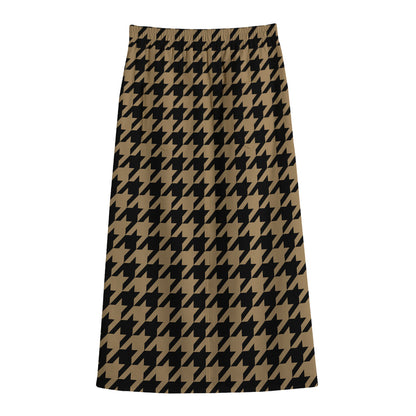 Brown And Black Houndstooth Print Cotton Front Slit Maxi Skirt