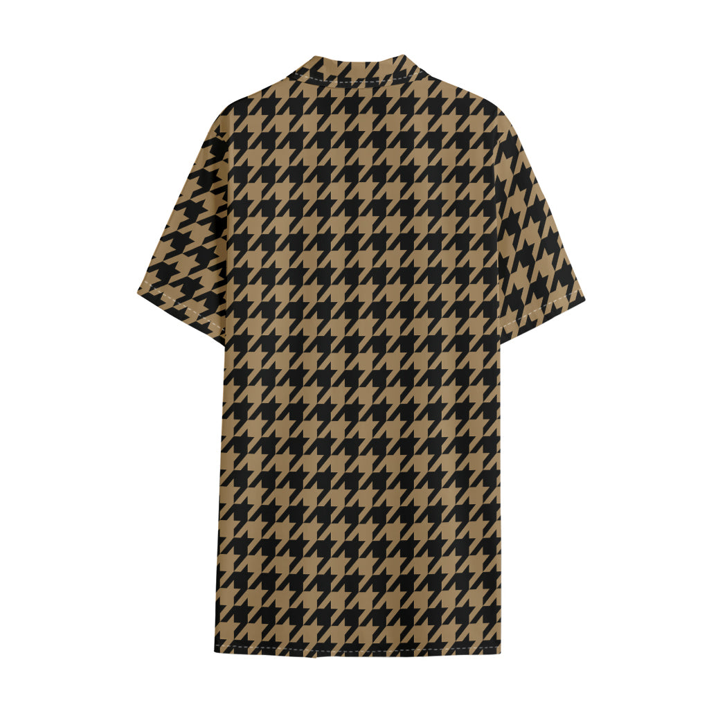Brown And Black Houndstooth Print Cotton Hawaiian Shirt