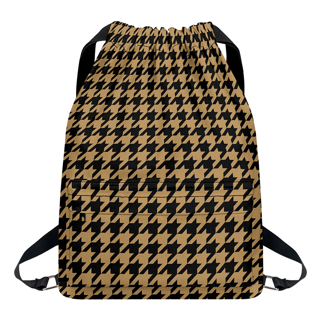 Brown And Black Houndstooth Print Drawstring Backpack