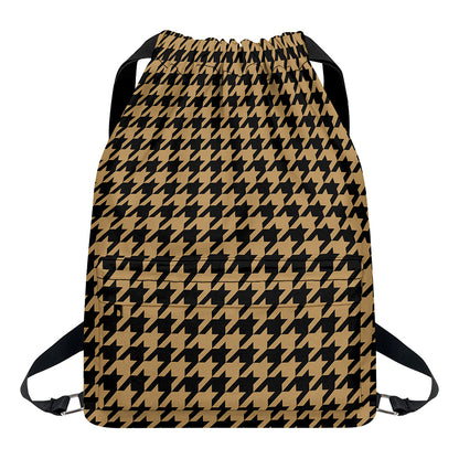 Brown And Black Houndstooth Print Drawstring Backpack