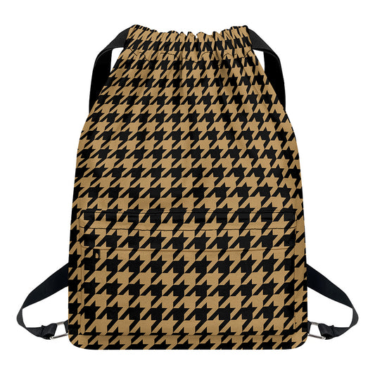 Brown And Black Houndstooth Print Drawstring Backpack