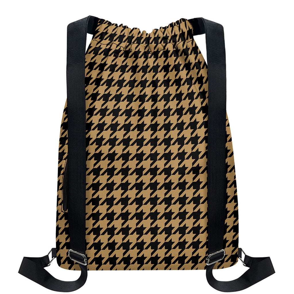 Brown And Black Houndstooth Print Drawstring Backpack