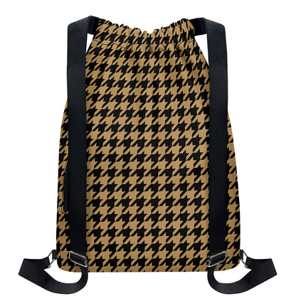 Brown And Black Houndstooth Print Drawstring Backpack