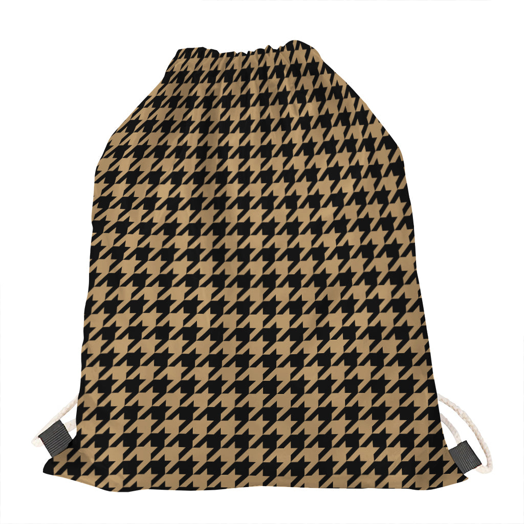 Brown And Black Houndstooth Print Drawstring Bag